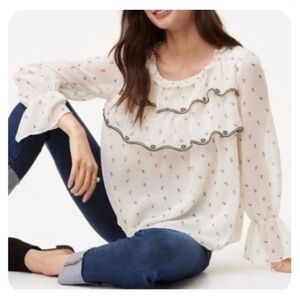LOFT White Floral Ruffle Peasant Blouse Sz. M
